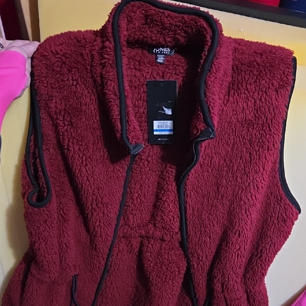 Jones New York Rich Burgundy Fleece Vest with Black Accents